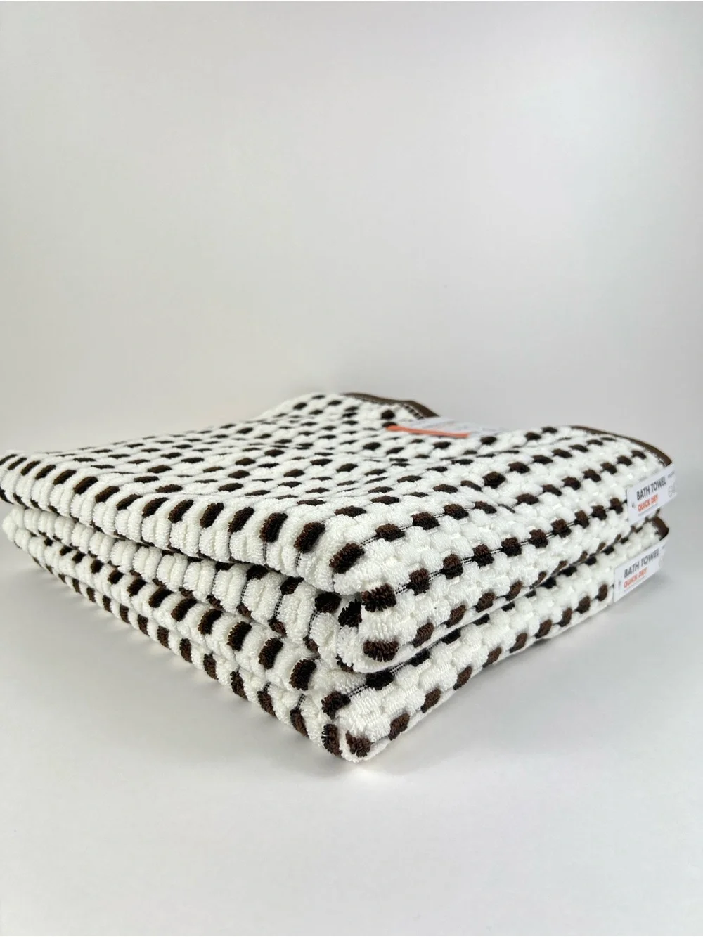 Caro Home Bath Towels White with Brown Check Quick Dry Soft Cotton 2 Pc Set NEW